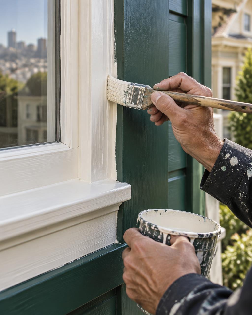 Illustrative concept of a painter carefully finishing architectural trim
