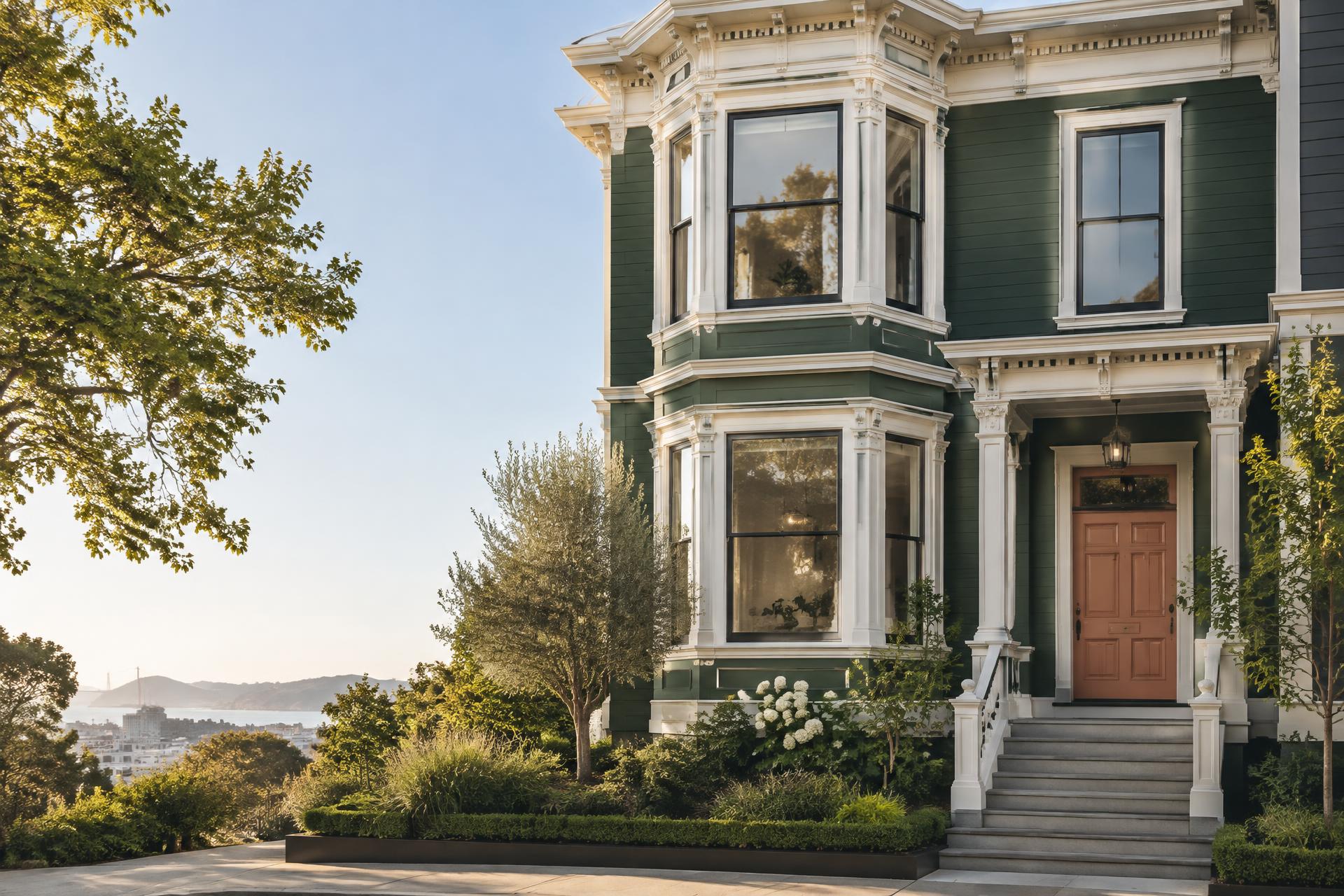 Illustrative concept of a forest green San Francisco home with finely painted white architectural trim